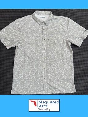 Columbia PFG Button Up Shirt Mens Medium Light Gray Nautical Fish Boat Print